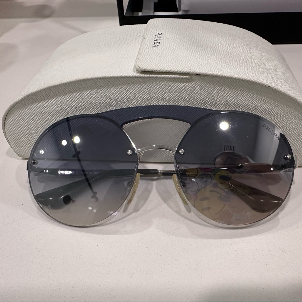 Prada round blue and silver sunglasses